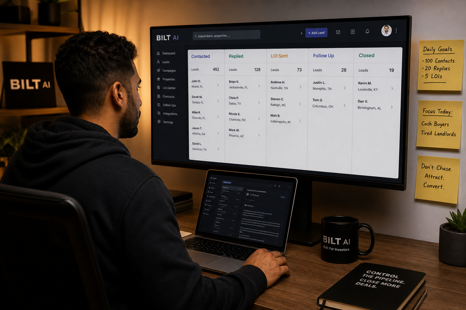 real estate investor working at a desk with a CRM dashboard open, highlighting stages like contacted, replied, LOI sent, with sticky notes showing daily quotas, warm indoor lighting