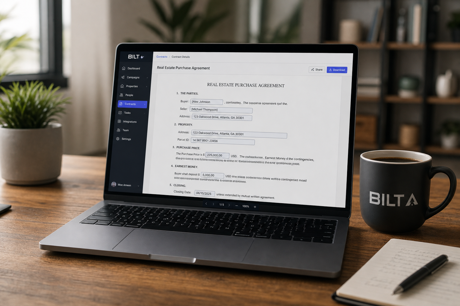 laptop screen displaying an automatically generated real estate contract with fields filled in, coffee cup beside it, modern workspace, soft natural lighting, photorealistic