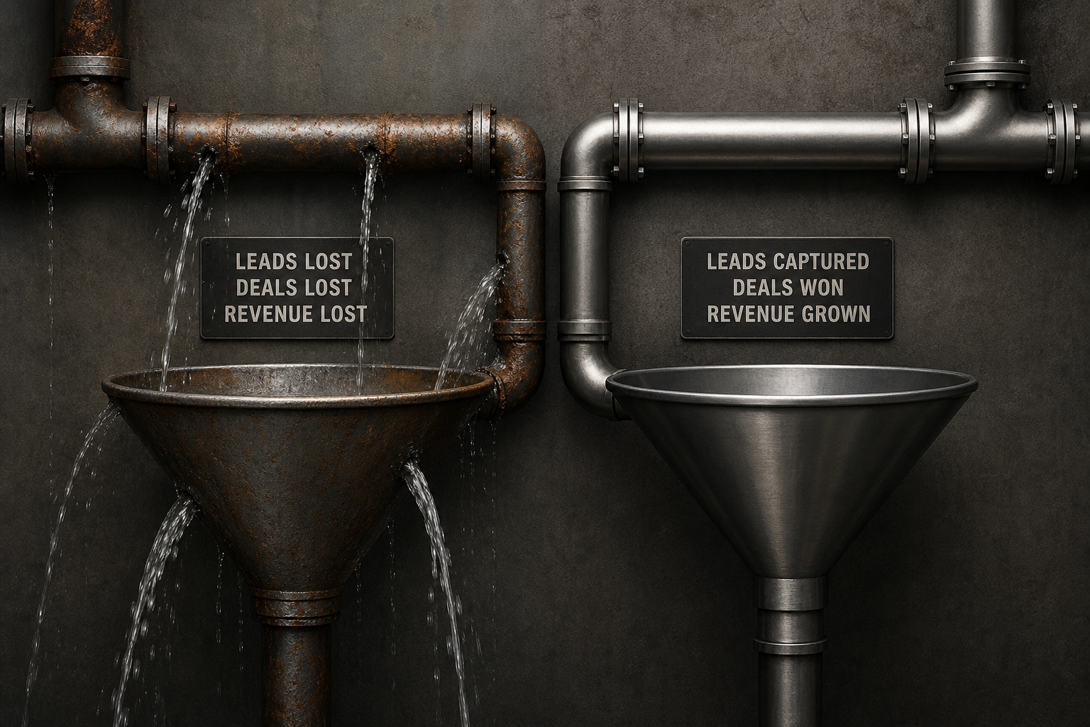 conceptual image of a leaking pipe connected to a funnel with water spilling out, contrasted with a sealed pipeline system, industrial style, realistic textures