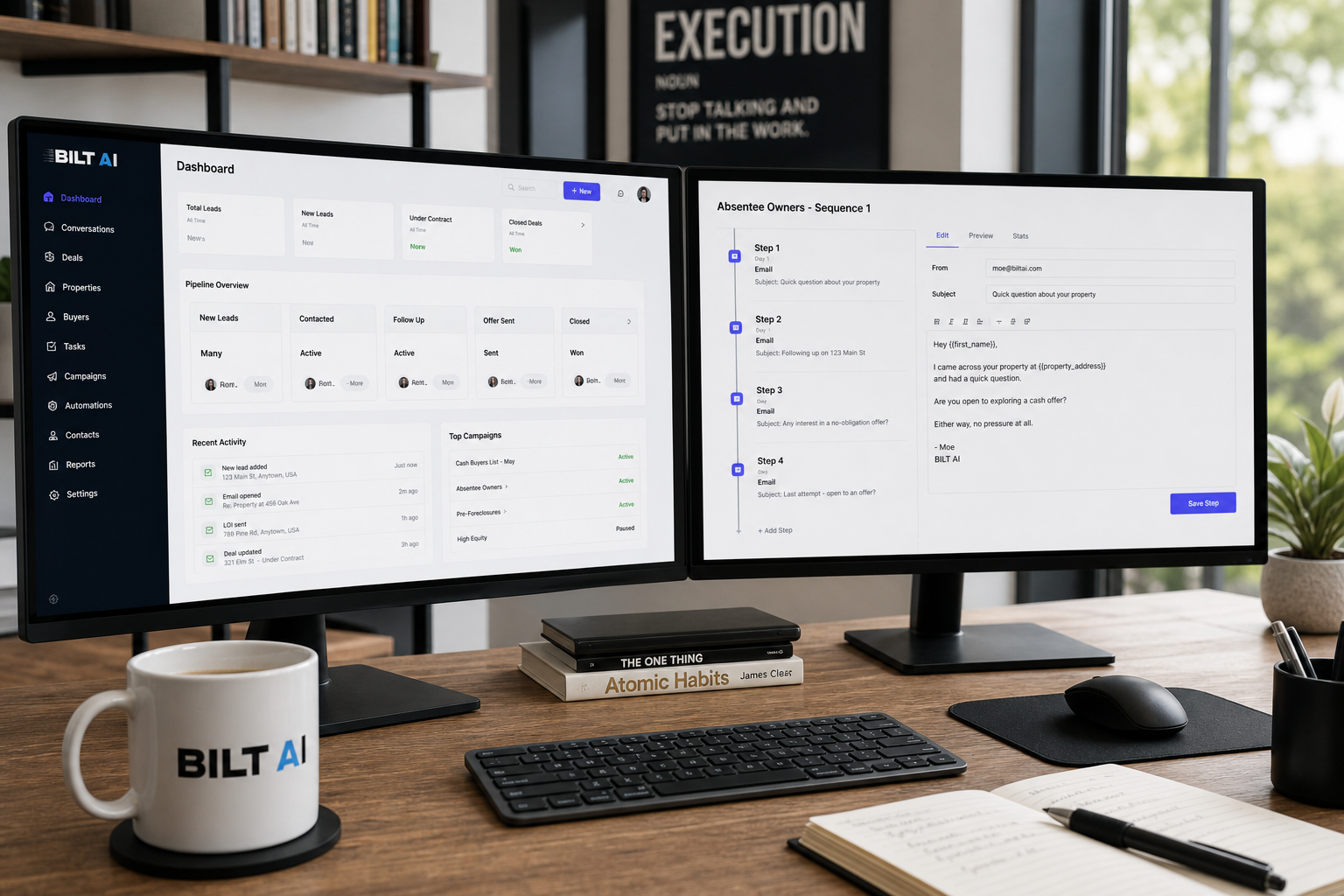 modern real estate office desk with dual monitors showing CRM dashboard and email outreach sequences, coffee cup nearby, natural lighting