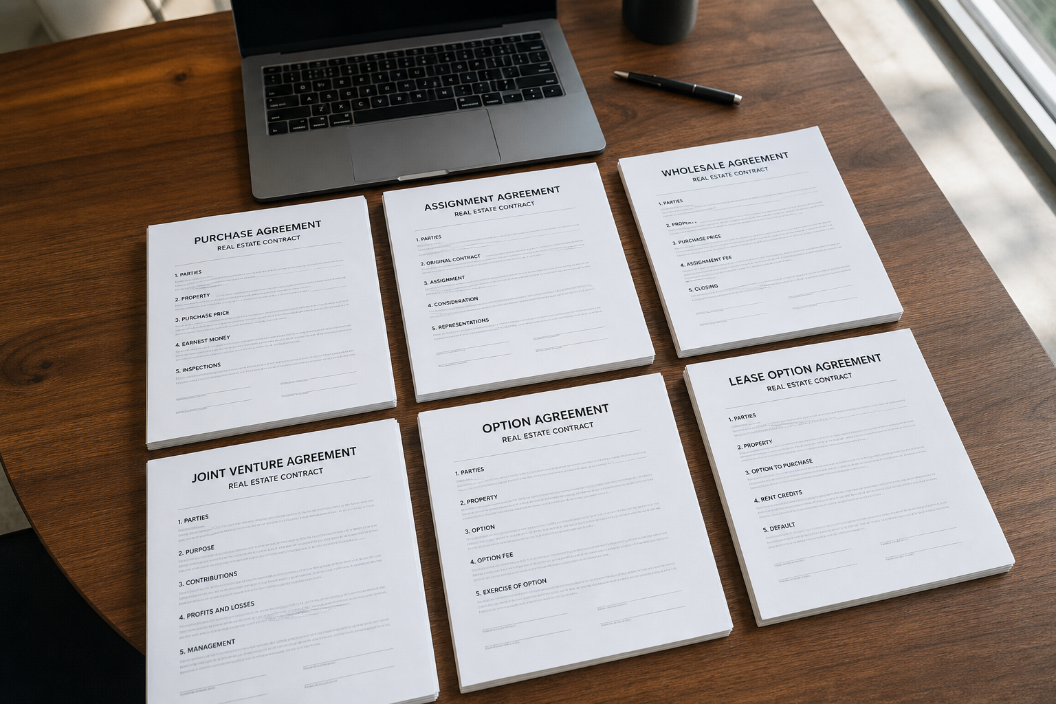 overhead shot of printed real estate contract templates neatly organized on a wooden desk with a laptop and pen, natural light, photorealistic