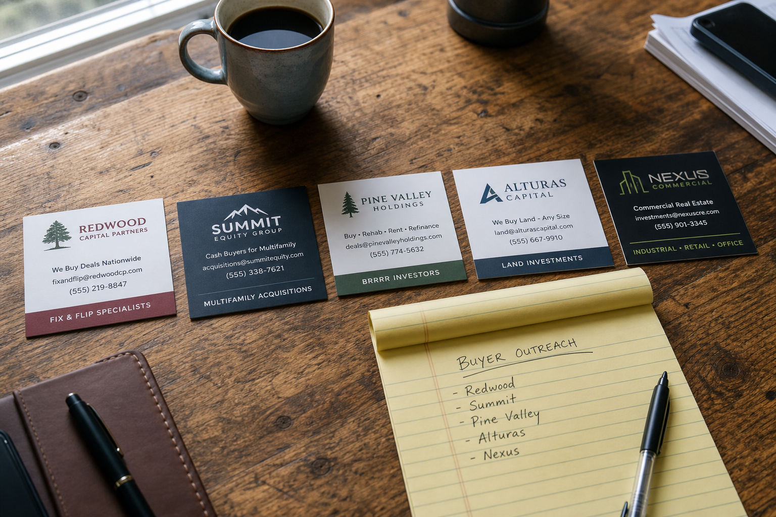 overhead shot of a worn wooden desk with five business cards fanned out, a yellow legal pad with handwritten names, a cup of black coffee, morning window light, shallow depth of field, photorealistic