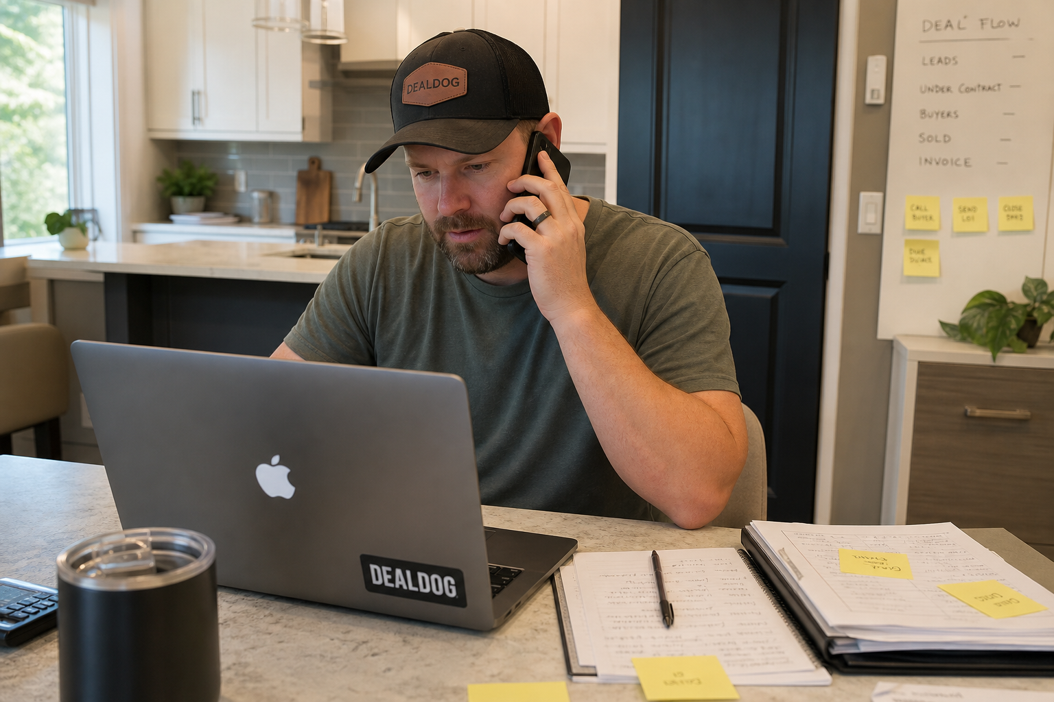 a real estate investor sitting at a kitchen table with a laptop open to a property deal spreadsheet, phone in hand mid-call, natural light from a side window, papers and sticky notes scattered nearby, photorealistic candid style