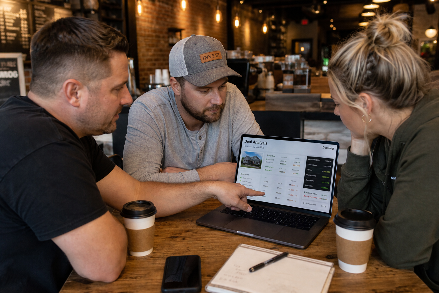 small group of three investors in a casual coffee shop setting, one pointing at a laptop screen showing a property analysis, others leaning in attentively, warm ambient lighting, realistic candid photography