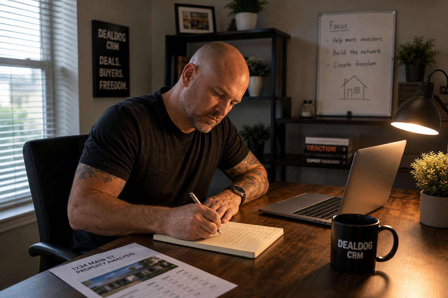 a real estate investor writing in a notebook at a clean home office desk, laptop open beside them, a printed property analysis sheet nearby, warm desk lamp light, early morning atmosphere, photorealistic