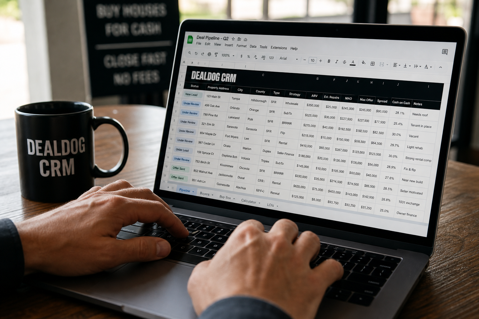 close-up of a real estate investor's hands typing on a laptop keyboard with a property data spreadsheet visible on screen, coffee mug to the left, natural daylight, 35mm lens, documentary style