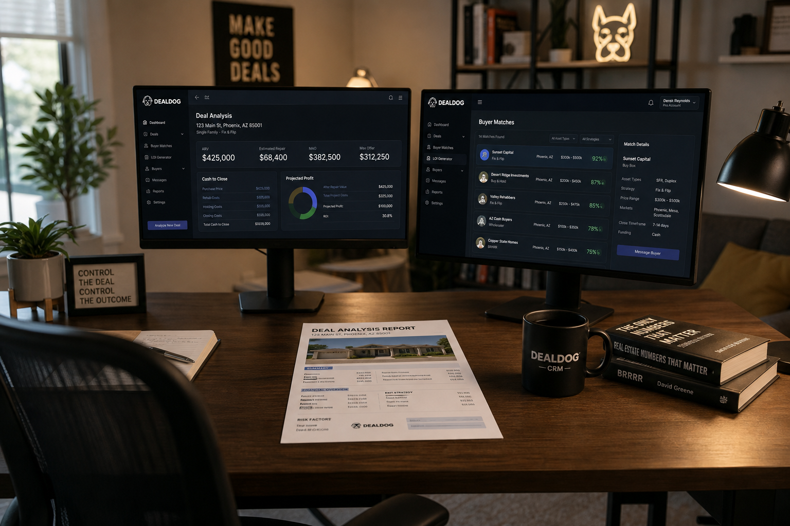 wide shot of a modern home office setup with dual monitors showing real estate data dashboards, a printed property analysis report on the desk, soft ambient lamp light, shallow focus, 50mm lens