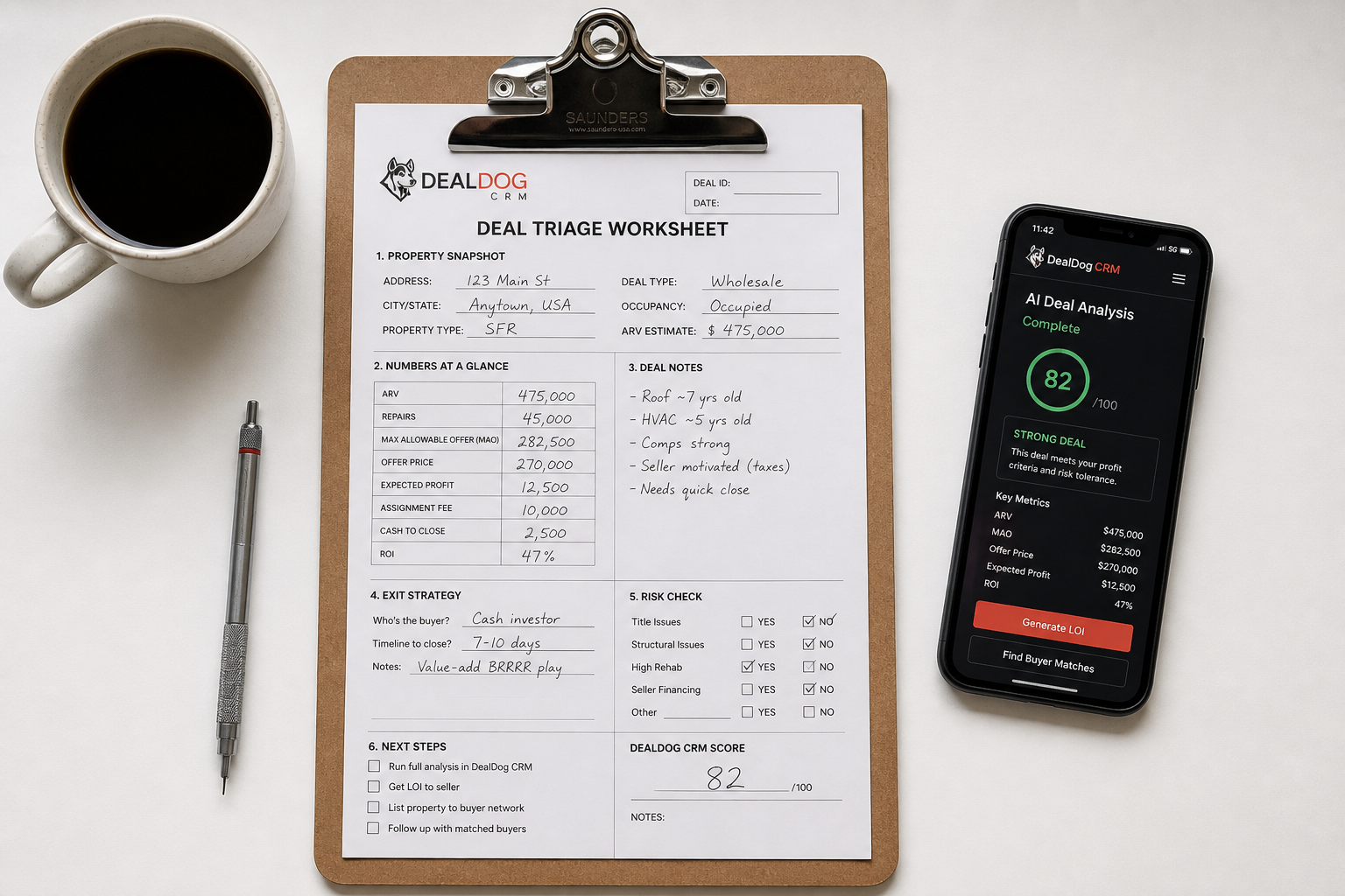 top-down flat lay of a real estate deal triage worksheet on a clipboard, a mechanical pencil, a coffee cup, and a smartphone on a clean white desk surface, soft diffused natural light, 50mm overhead shot