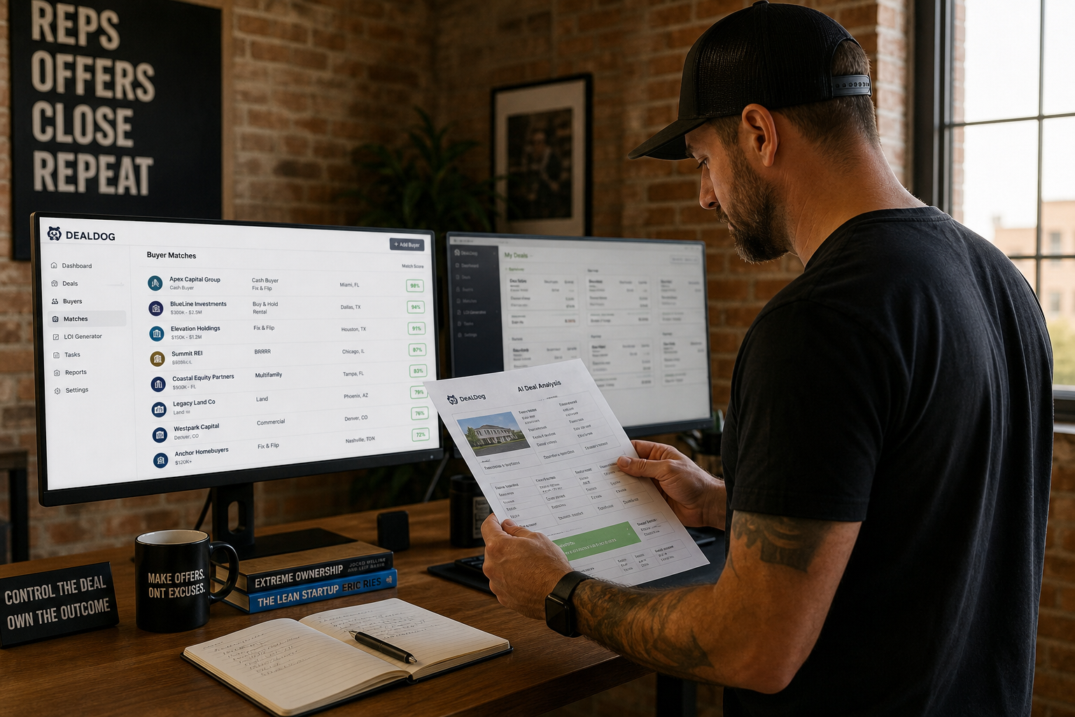 wide-angle shot of a real estate investor at a standing desk reviewing a property analysis printout with a second monitor displaying a buyer database interface, exposed brick wall background, late afternoon warm light, documentary photography style