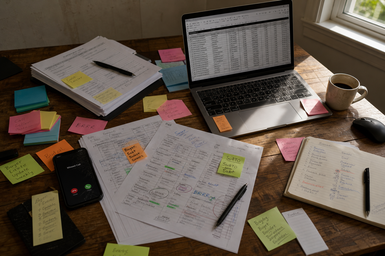 overhead shot of a cluttered desk with color-coded sticky notes, printed spreadsheets with handwritten corrections, a cracked phone showing a missed call, and an open laptop with a complex spreadsheet visible, natural afternoon window light, photorealistic, 50mm lens