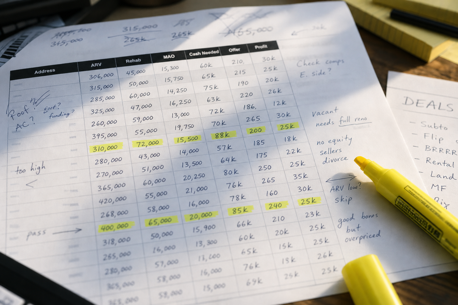 close-up of a cluttered spreadsheet printout on a desk, columns of handwritten numbers with cross-outs and margin notes, a highlighter uncapped beside it, natural afternoon light, documentary style, shallow focus