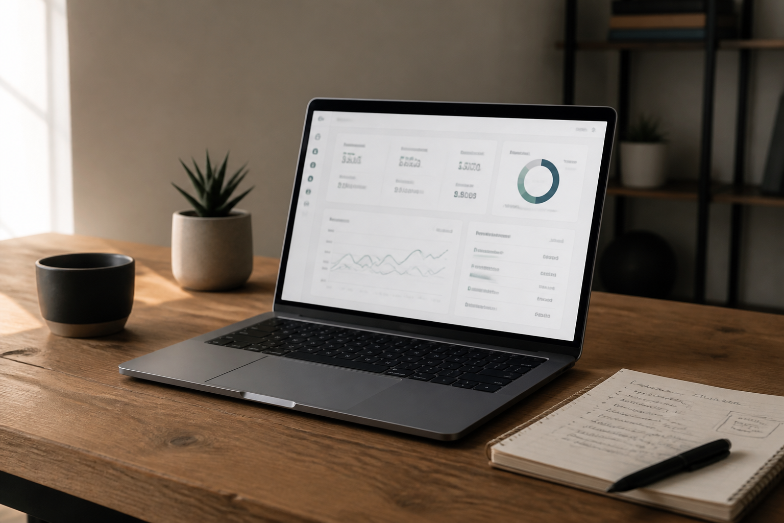 clean minimal workspace with a single open laptop showing a bright, uncluttered analytics dashboard, a small notepad with handwritten deal notes beside it, soft natural light from the left, no text visible on screen, 35mm lens, muted neutral tones