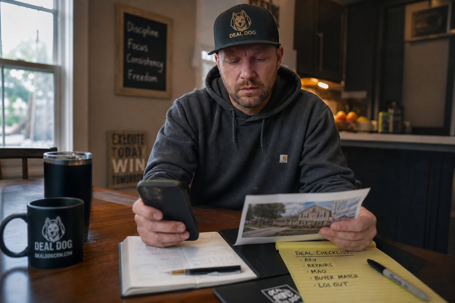 wide-angle shot of a real estate investor sitting at a kitchen table with a phone and a printed property photo, early morning light through a window, relaxed and focused, slight motion blur on the phone screen, 35mm lens, candid documentary style