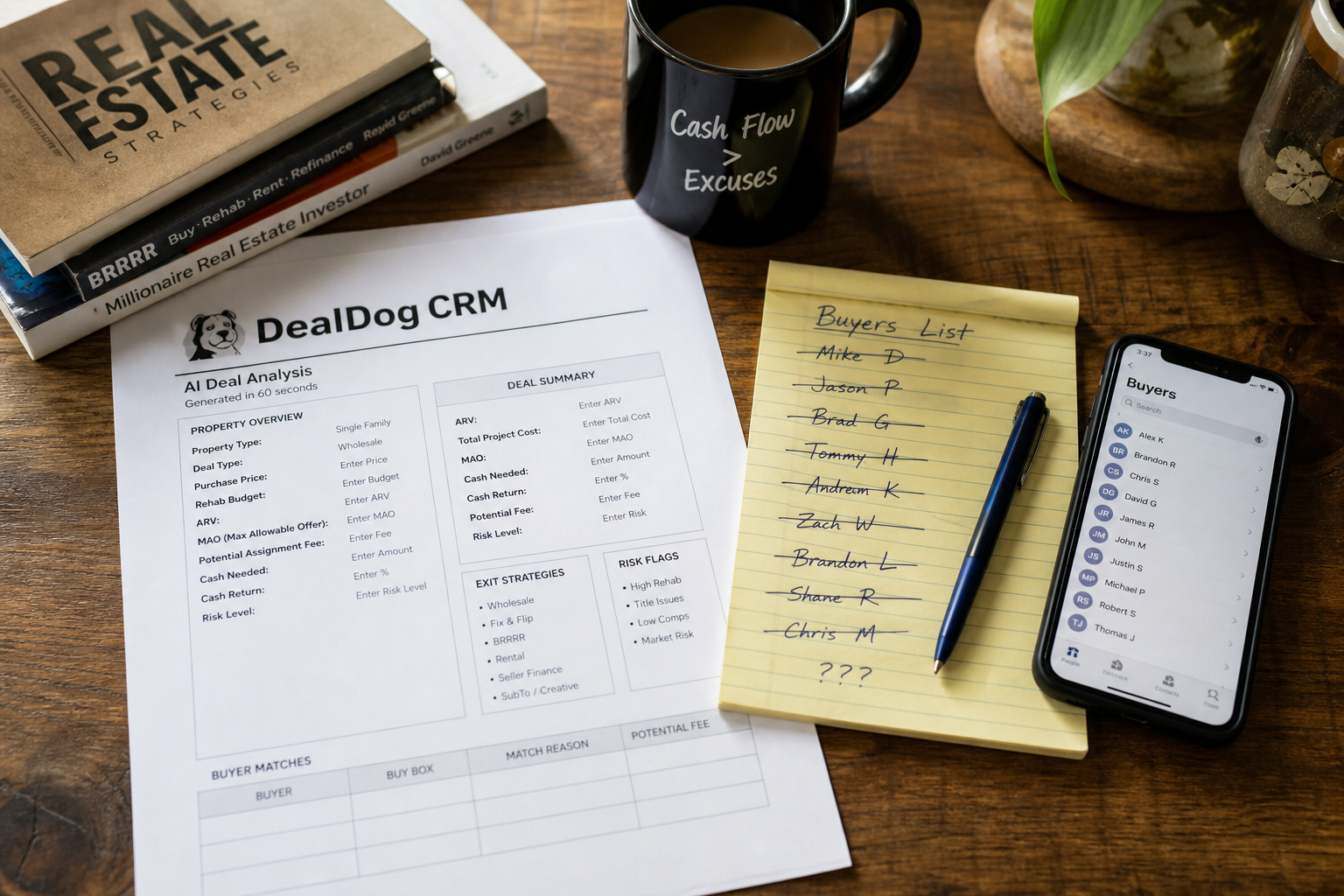 overhead flatlay of a real estate investor's desk with a printed deal analysis sheet, a legal pad with handwritten buyer names crossed out, a smartphone showing a contact list, warm natural window light, photorealistic, 50mm lens