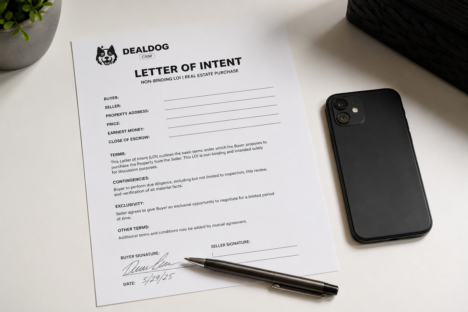 overhead flat-lay of a signed letter of intent document on a clean white desk, a pen resting across the signature line, a smartphone face-down beside it, soft directional light, minimal styling, 50mm lens