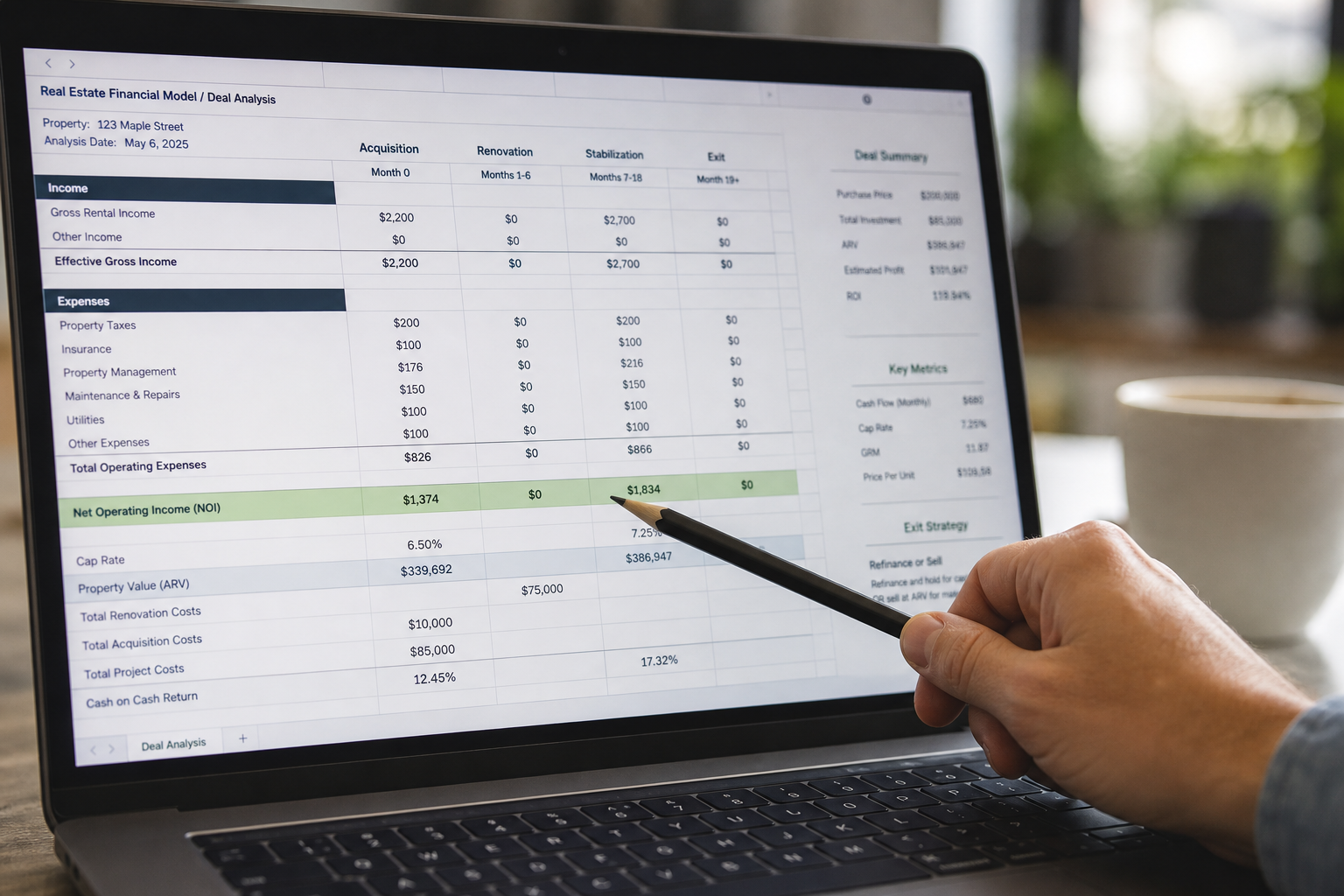 close-up of a laptop screen displaying a real estate financial model with rows for NOI, cap rate, ARV, and repair costs, a hand holding a pencil pointing at a row, blurred office background, photorealistic, 85mm lens