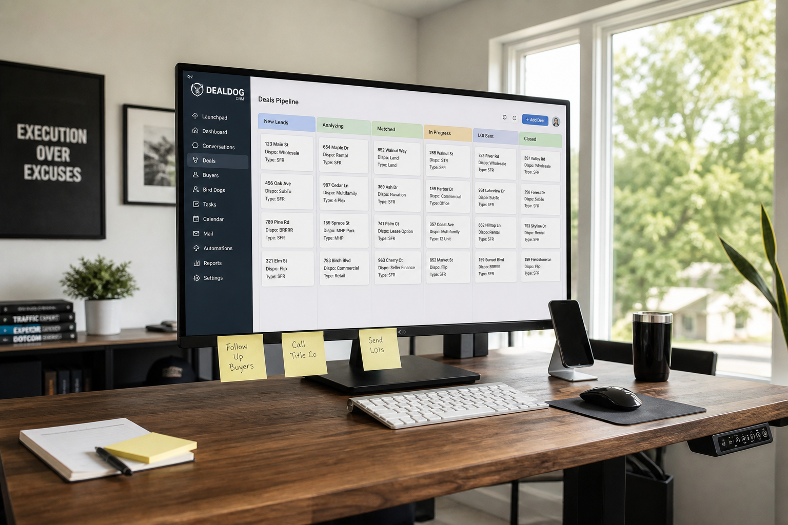 wide shot of a clean minimal home office with a standing desk, a large monitor showing a CRM-style dashboard with colored pipeline columns, natural daylight through a large window, a few sticky notes on the monitor edge, photorealistic, 24mm lens