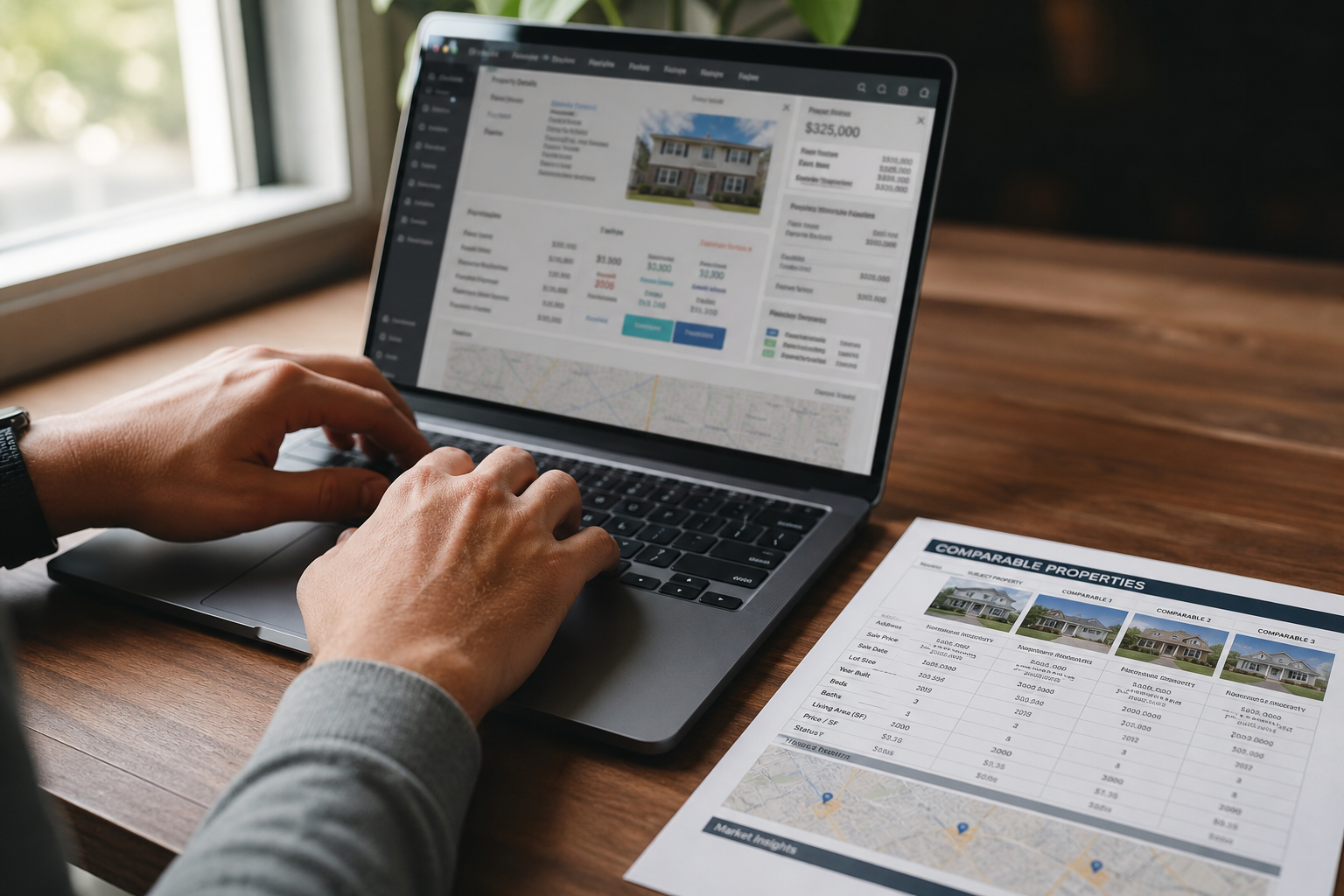 close-up of a person's hands typing on a laptop at a wooden desk, a printed property comps sheet beside the keyboard, soft natural light from a window to the left, real estate data visible on the screen but not legible, shallow focus, photoreal 50mm
