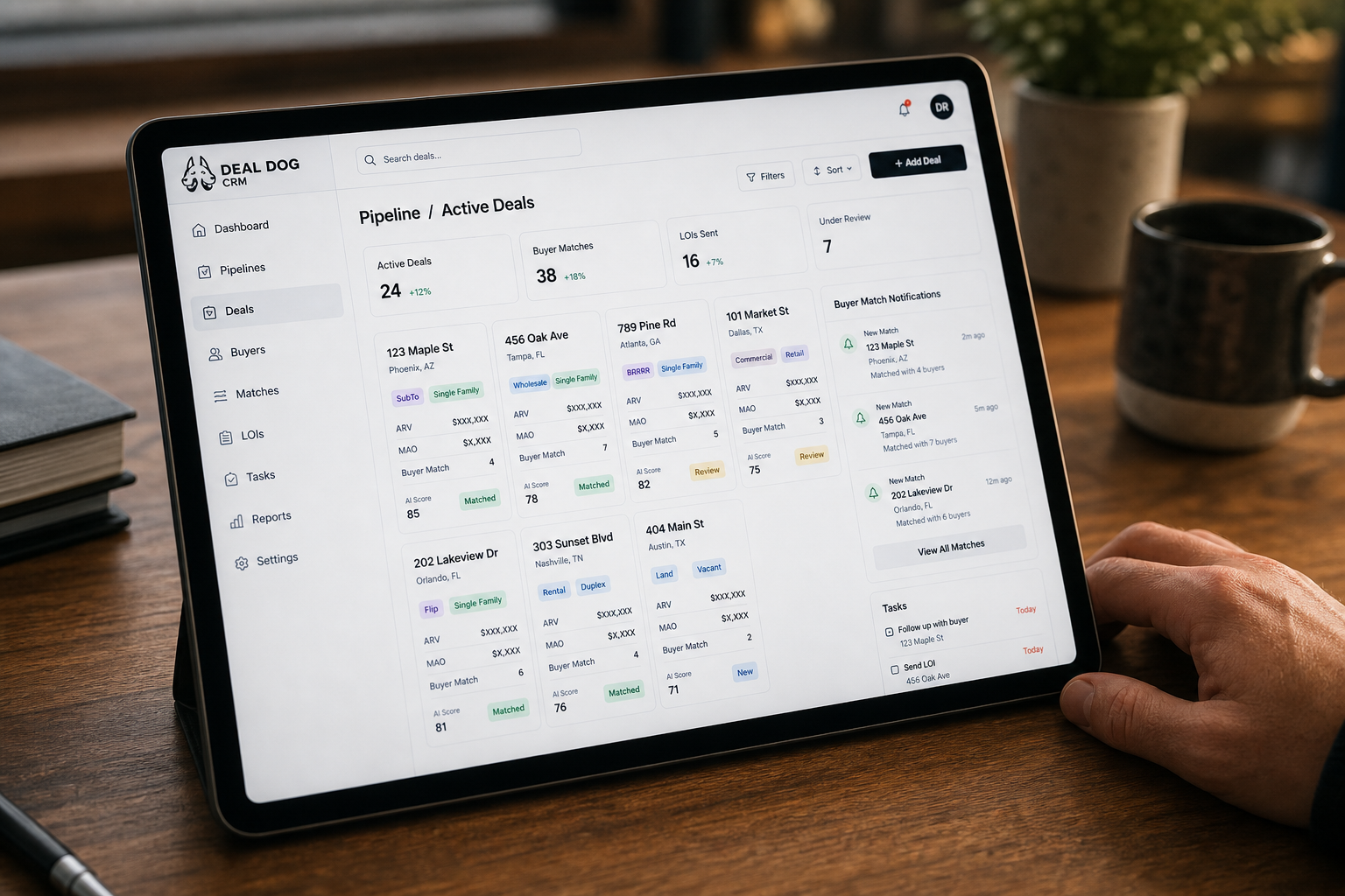 close-up of a tablet screen showing a clean real estate pipeline dashboard with deal cards, status badges, and buyer match notifications, a hand resting beside the tablet on a wooden desk, warm afternoon light, photorealistic, 50mm lens
