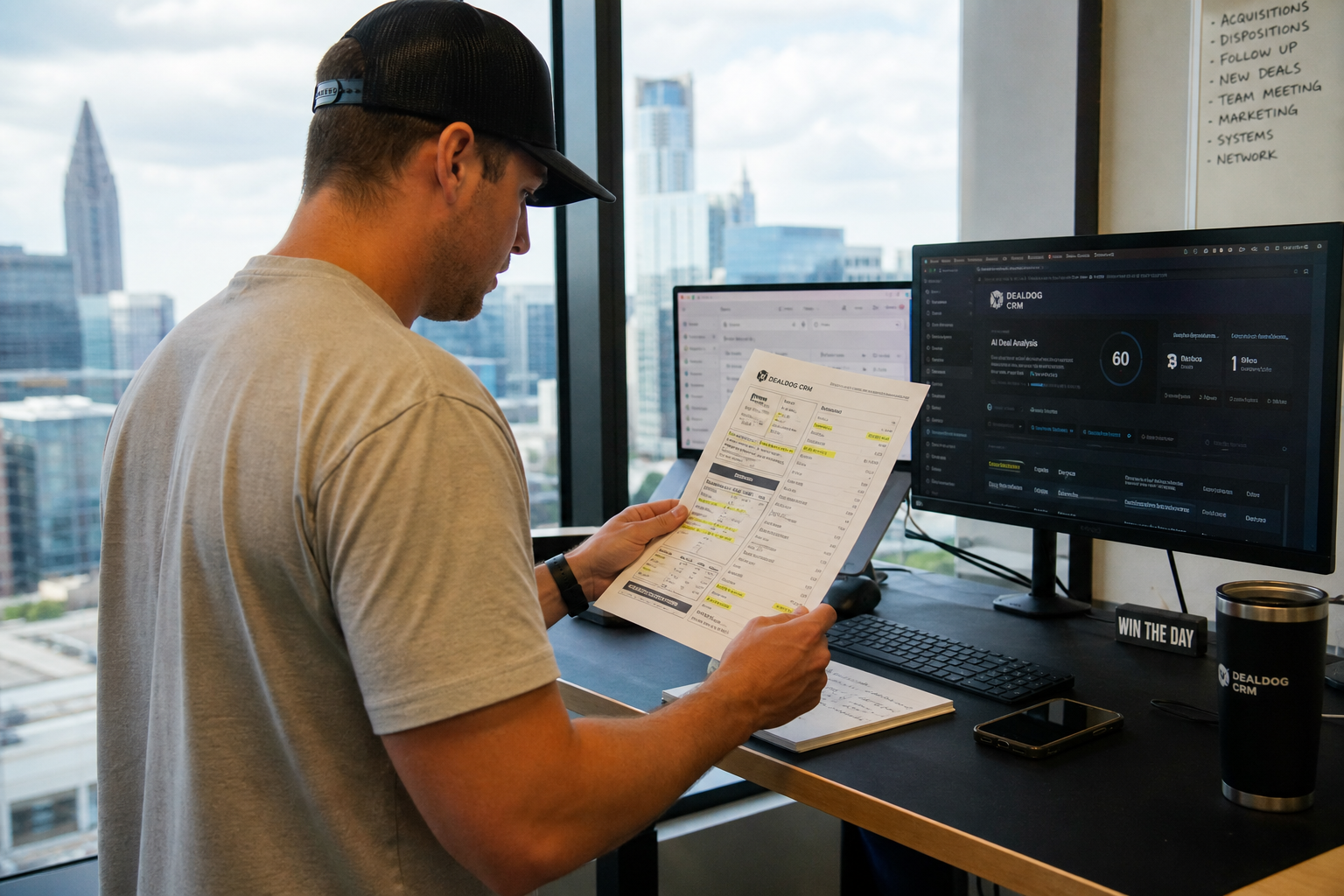 real estate wholesaler at a standing desk reviewing a printed deal analysis sheet with highlighted numbers, city skyline visible through a floor-to-ceiling office window in the background, natural daylight, slightly blurred background, photoreal 35mm