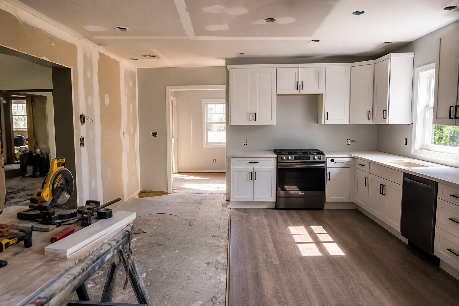 wide shot of a partially renovated kitchen interior with exposed drywall on one side and new cabinets on the other, contractor tools on a sawhorse in the foreground, afternoon light through a window, documentary style photoreal photograph