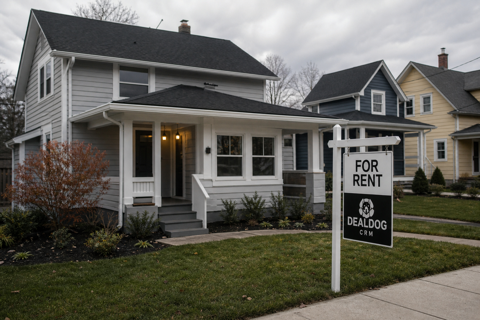exterior of a newly renovated two-story rental house with fresh paint, new landscaping, and a for-rent sign in the front yard, overcast afternoon light, residential street visible, photoreal documentary style 35mm
