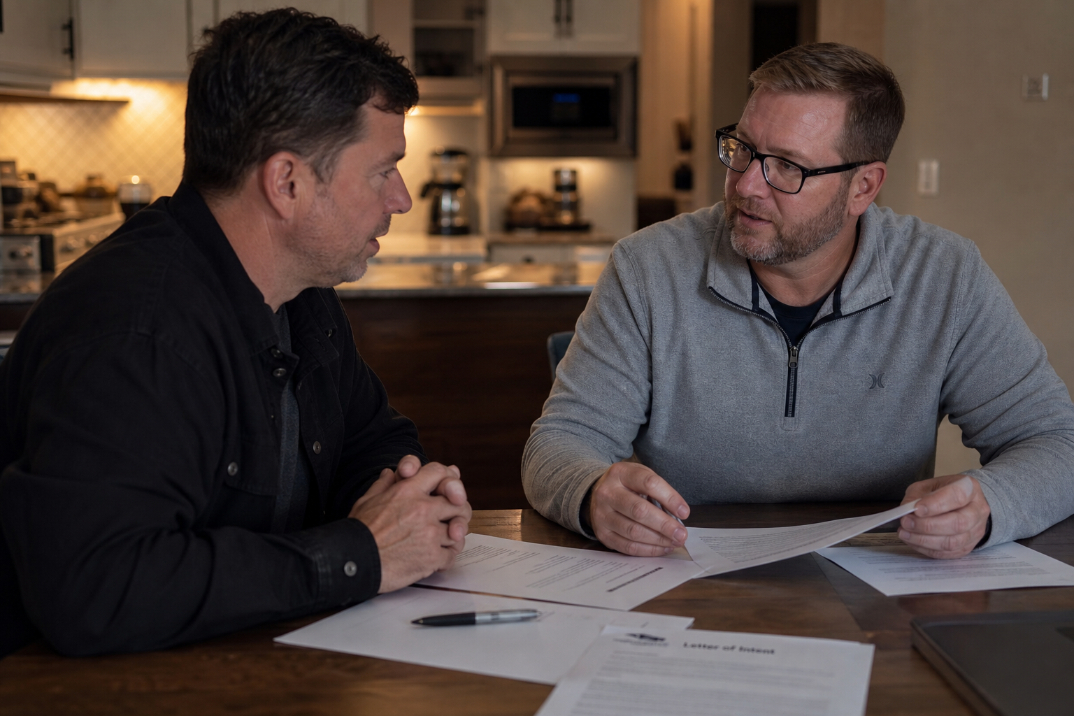 real estate investor and property owner sitting across from each other at a kitchen table with printed documents between them, a pen resting on a signature page, warm indoor lighting, candid documentary style, photoreal 50mm lens