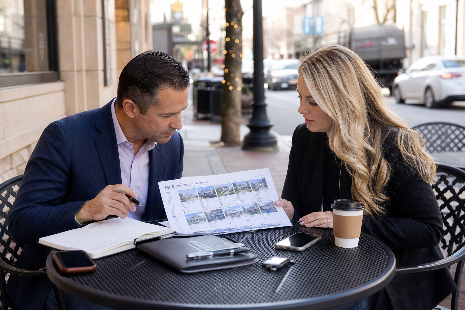 real estate agent and investor reviewing a multiple listing service printout at an outdoor cafe table, notebooks and phones on the table, urban street background slightly blurred, natural afternoon light, candid photoreal photograph