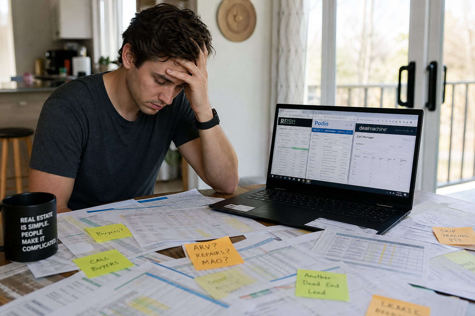 a frustrated young man sitting at a kitchen table surrounded by printed spreadsheets and sticky notes, laptop open showing multiple browser tabs, natural afternoon light, photoreal, 35mm