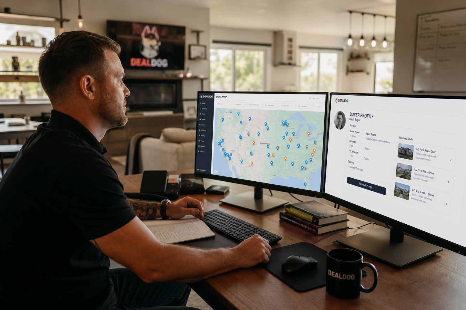 wide shot of a modern open-plan home office with two monitors, one showing a map with pinned locations and the other showing a buyer profile card, warm afternoon light, photoreal, 35mm