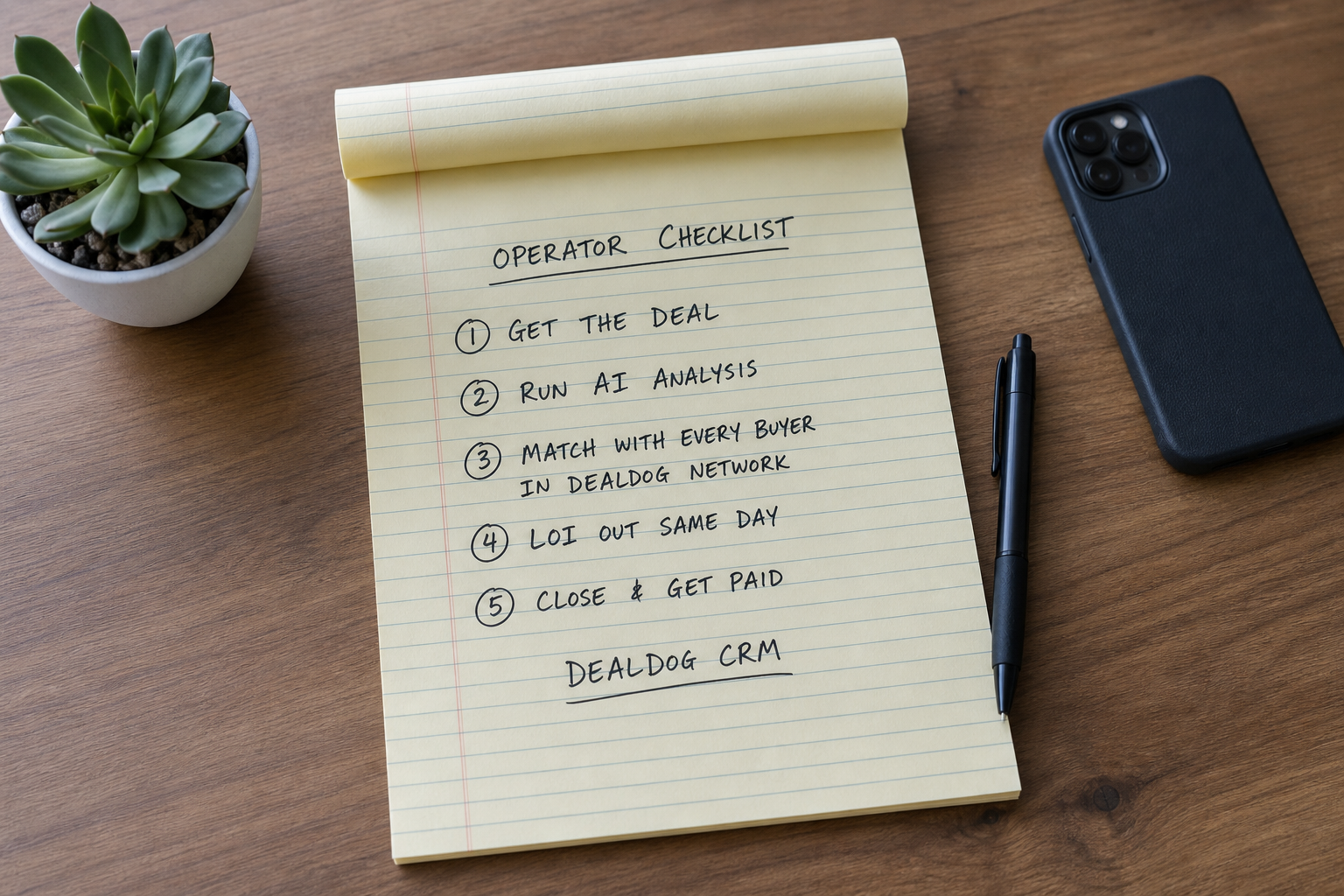 overhead flat lay of a simple wooden desk with a legal pad showing a numbered checklist, a single pen, a small succulent, and a phone face-down, clean natural light, photoreal, 50mm