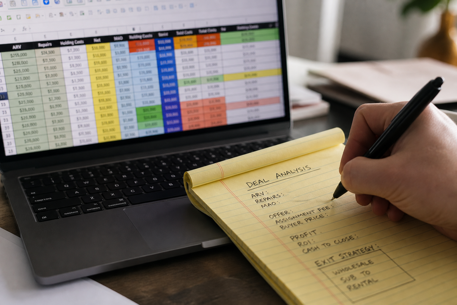 close-up of a hand writing deal numbers on a yellow legal pad beside a laptop showing a complex spreadsheet with color-coded cells, soft natural light, 50mm lens, shallow depth of field
