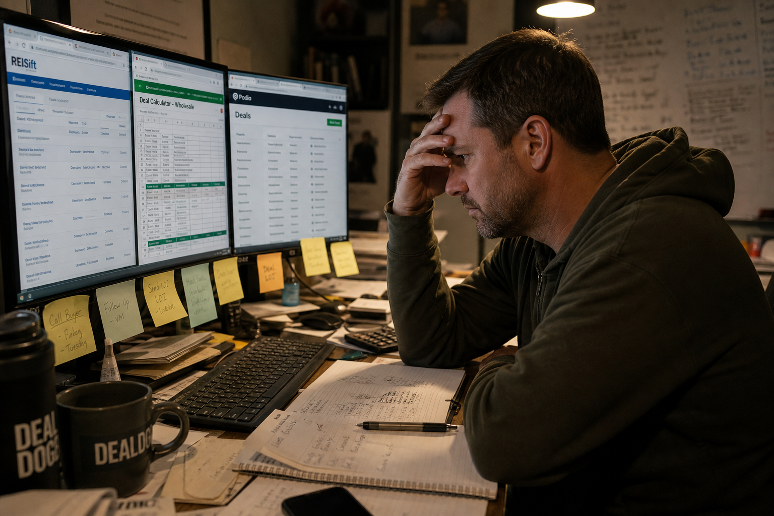 wide shot of a frustrated investor sitting at a cluttered home office desk, three browser tabs open on a monitor, sticky notes covering the edge of the screen, dim overhead light, realistic candid style, 35mm lens