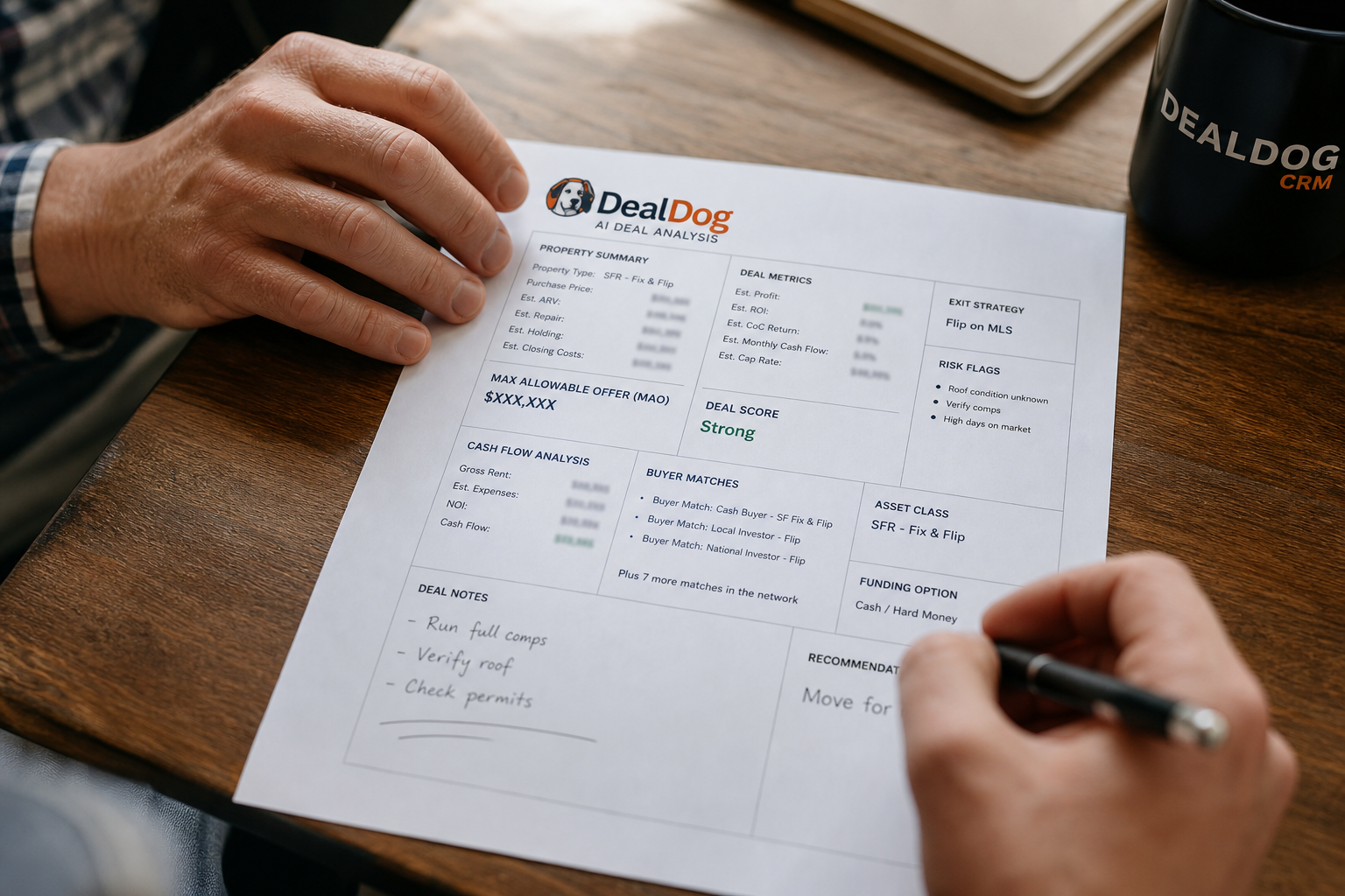 close-up of two hands reviewing a printed deal analysis sheet on a table, one hand holding a pen making notes, natural window light, warm tones, editorial style, 50mm lens