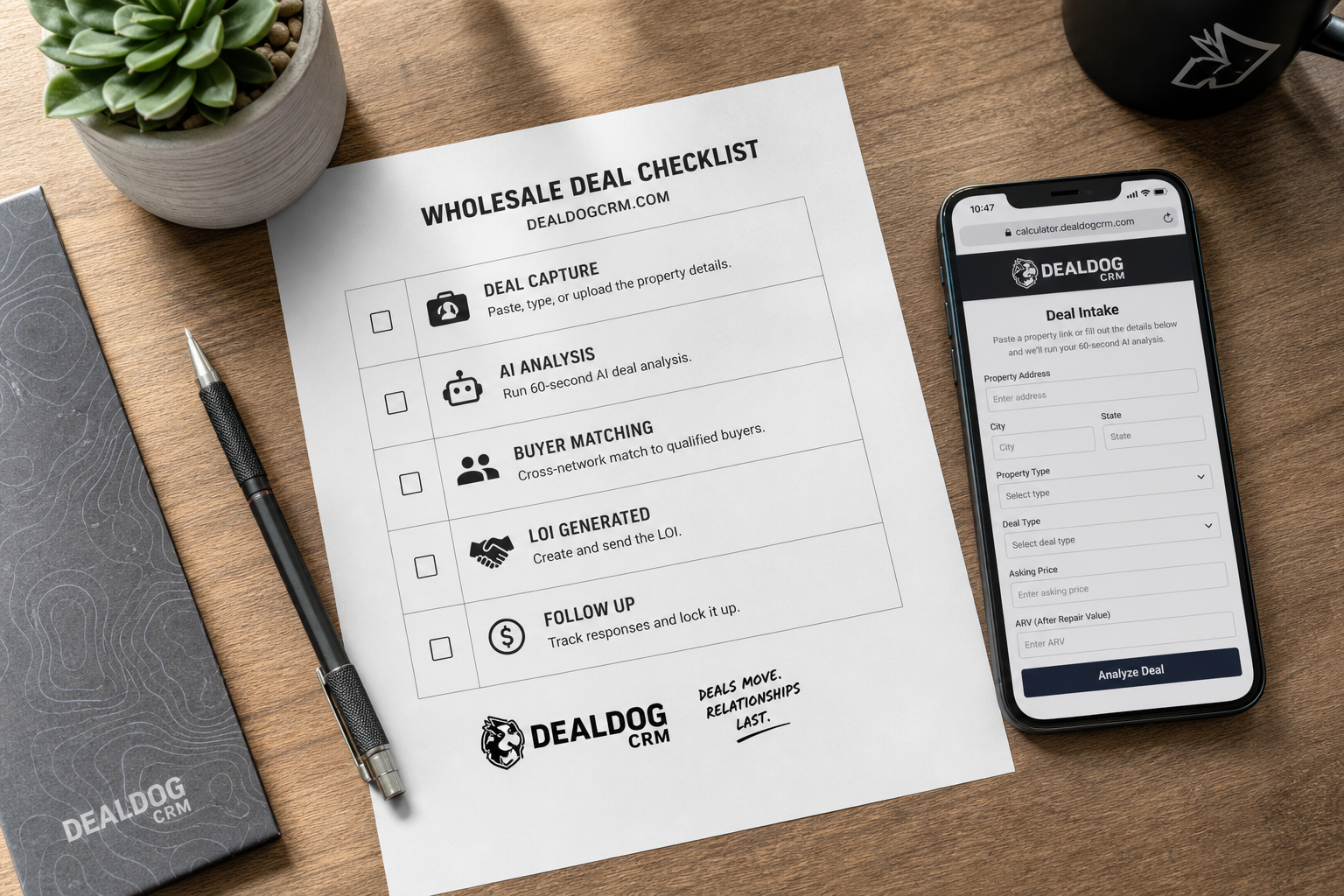 overhead shot of a neatly organized desk with a printed checklist, a mechanical pencil, a smartphone with a deal intake form on screen, and a small succulent plant in the corner, soft diffused morning light, 35mm lens