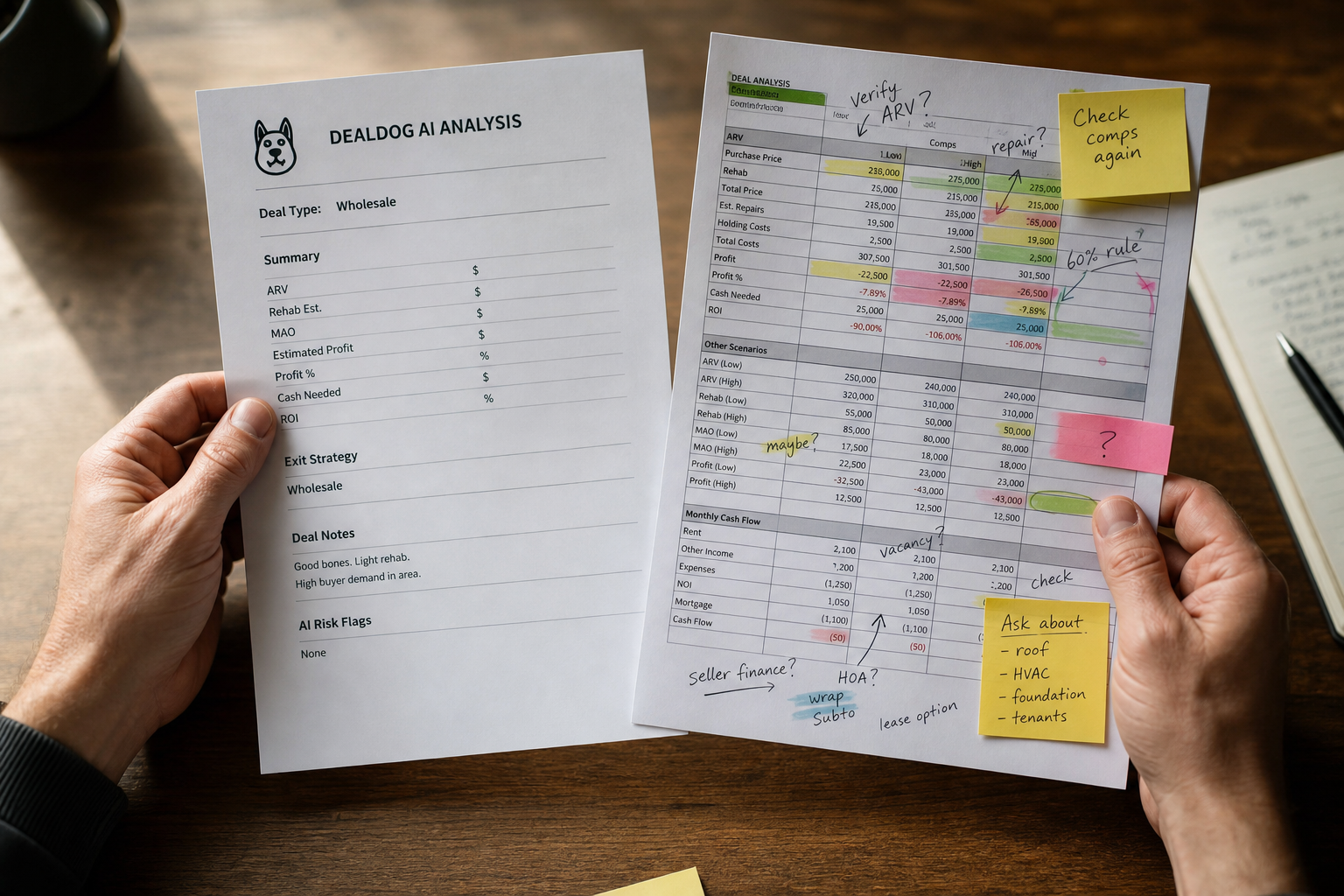 close-up of two hands comparing two printed spreadsheets side by side on a wooden table, one clean and minimal, one covered in color-coded highlights and sticky notes, natural side lighting, 50mm lens