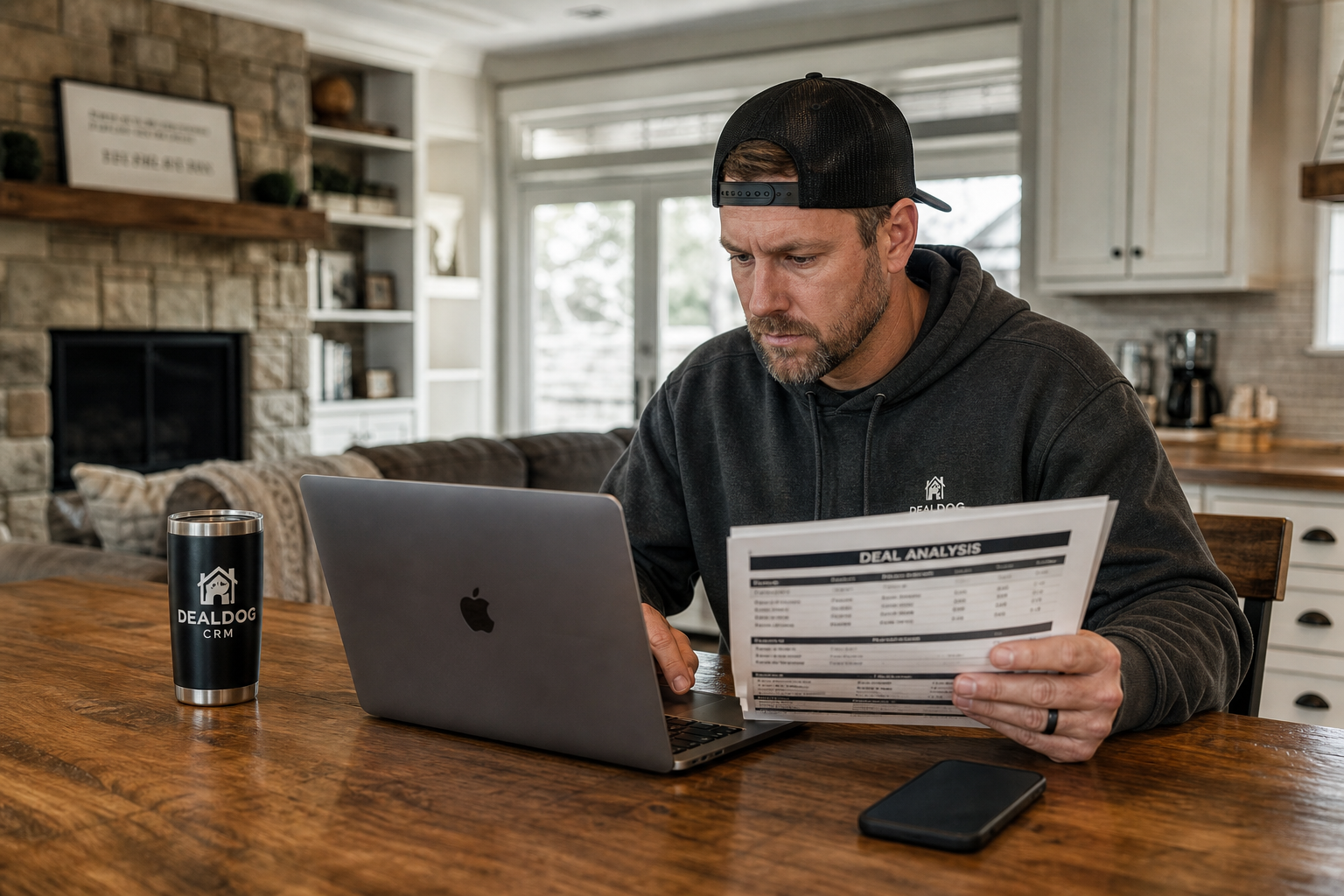 wide shot of a real estate investor sitting at a kitchen table with a laptop and a printed deal sheet, phone face-down beside them, focused expression, suburban home interior background, natural daylight, candid style, 35mm lens