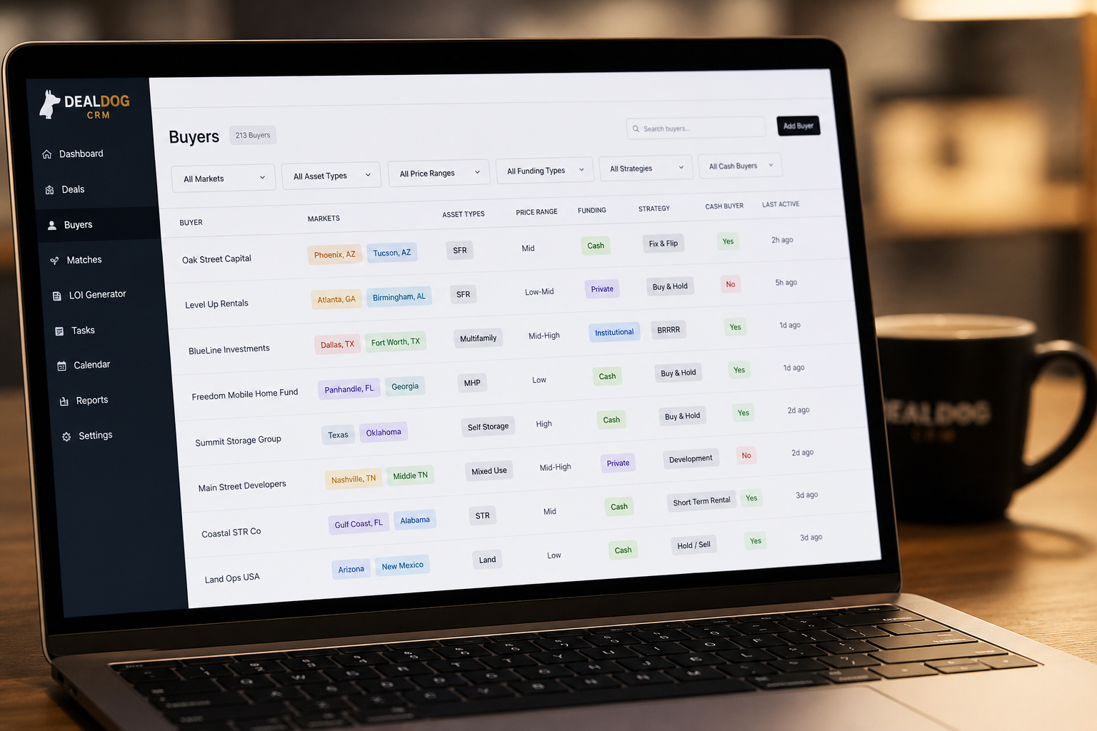 close-up of a laptop screen showing a clean buyer database interface with location tags and filter dropdowns, coffee cup in background, shallow depth of field, warm office lighting, 50mm lens