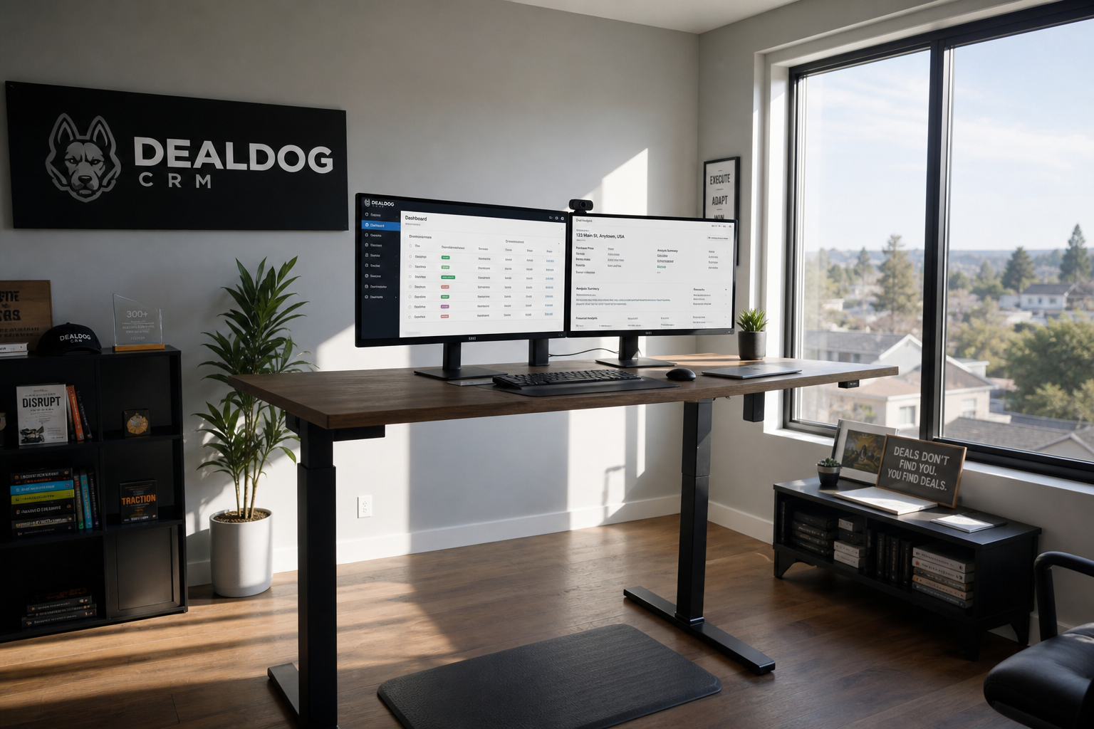 wide shot of a clean modern home office with a standing desk, dual monitors showing a CRM dashboard and a deal analysis screen, afternoon light through a large window, no people, architectural photography style, 24mm lens