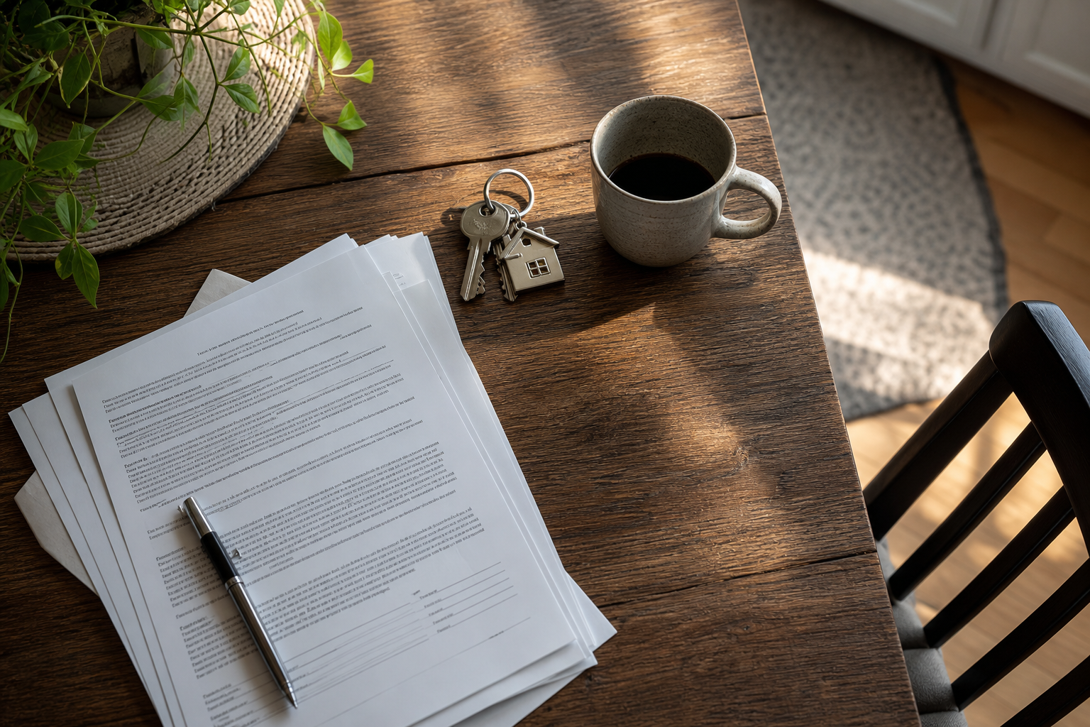 overhead shot of a kitchen table with house keys, legal documents, a coffee mug, and soft morning light, realistic textures, no text