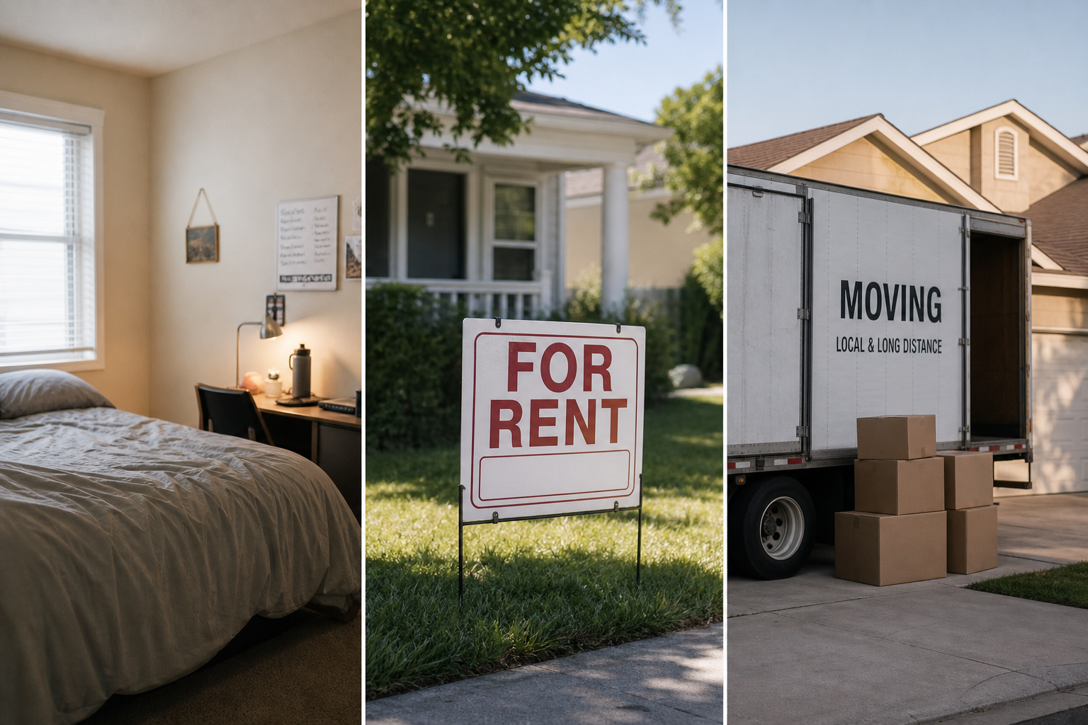 split scene concept showing three paths: a lived-in bedroom, a rental sign in a yard, and a moving truck outside a house, natural lighting, photorealistic