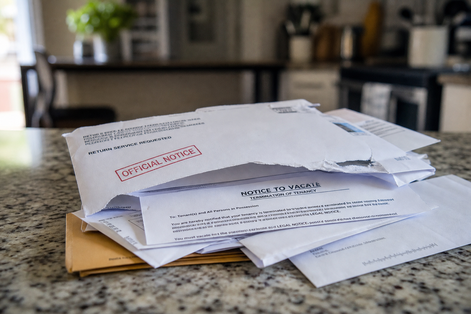 close-up of a stack of official-looking envelopes on a kitchen counter, one opened with visible legal paperwork inside, natural lighting, realistic home setting