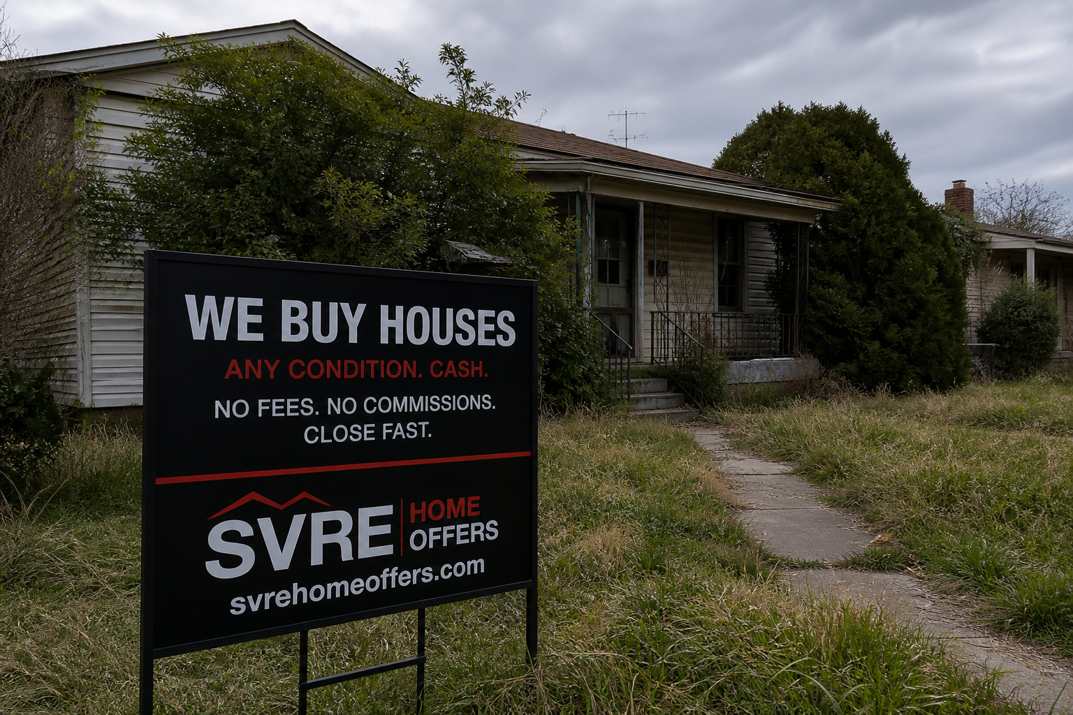 real estate yard sign in front of a modest home with overgrown grass, cloudy sky, subtle sense of urgency, photorealistic suburban setting