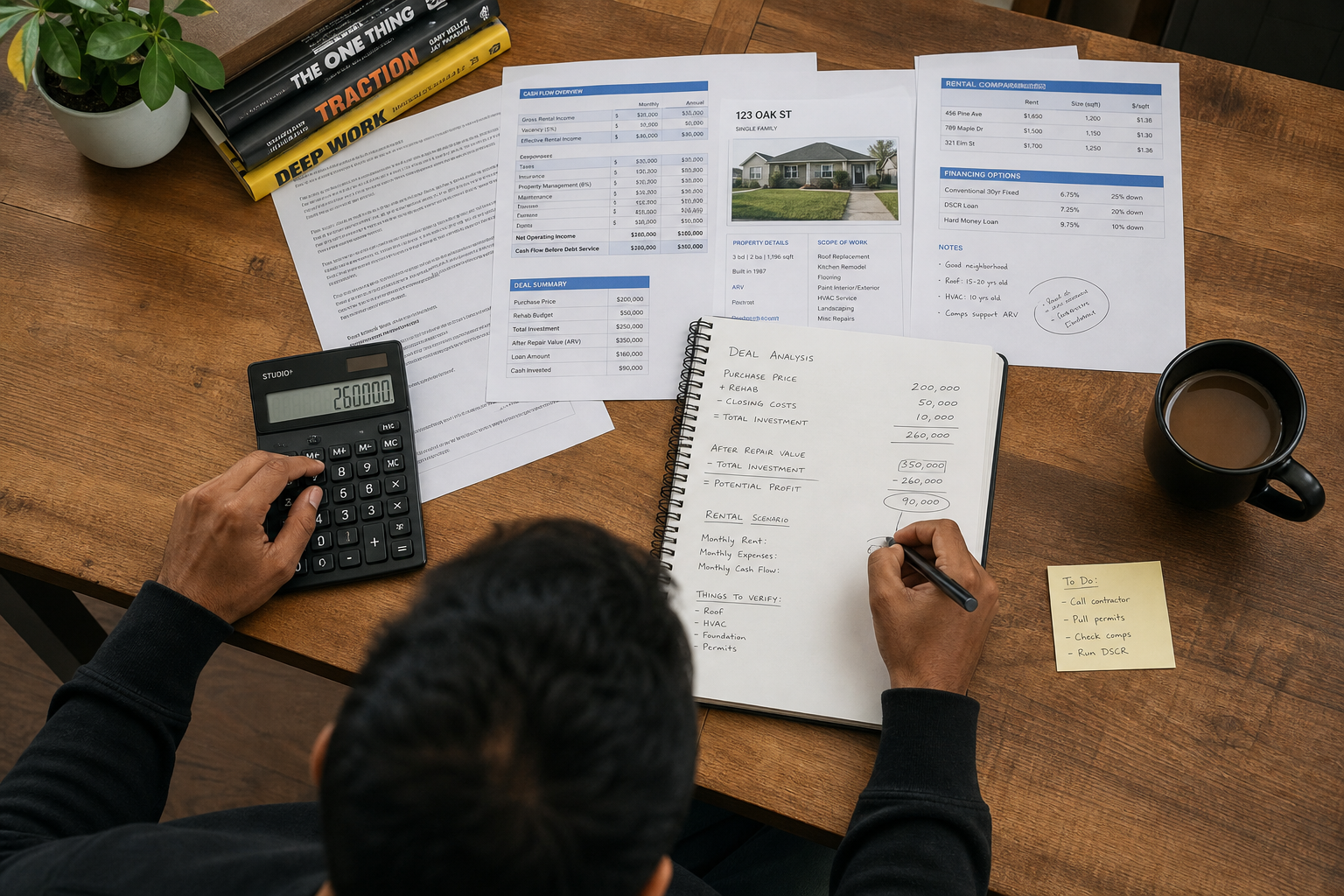 overhead shot of a person reviewing financial paperwork with a calculator and handwritten notes, natural lighting, realistic home office environment