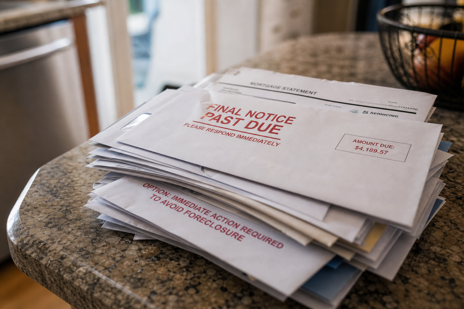 photorealistic close-up of a stack of overdue mortgage notices on a kitchen counter, soft natural light, envelopes slightly opened, shallow depth of field
