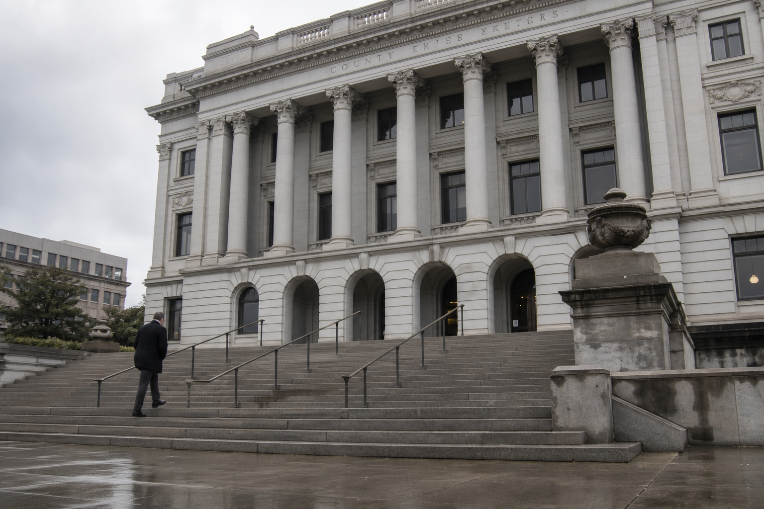 photorealistic image of a courthouse exterior on an overcast day, wide steps, minimal people, subtle tension, realistic lighting