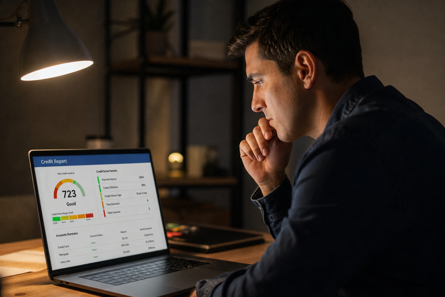 photorealistic shot of a person reviewing a credit report on a laptop at night, soft desk lamp lighting, serious expression, shallow depth of field