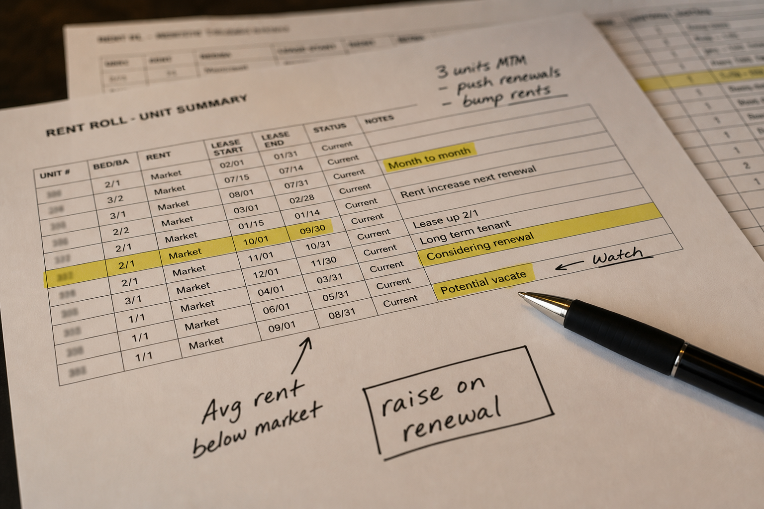 close-up of printed rent roll sheets with tenant names blurred, highlighted rows and handwritten notes, pen resting on paper, warm indoor lighting
