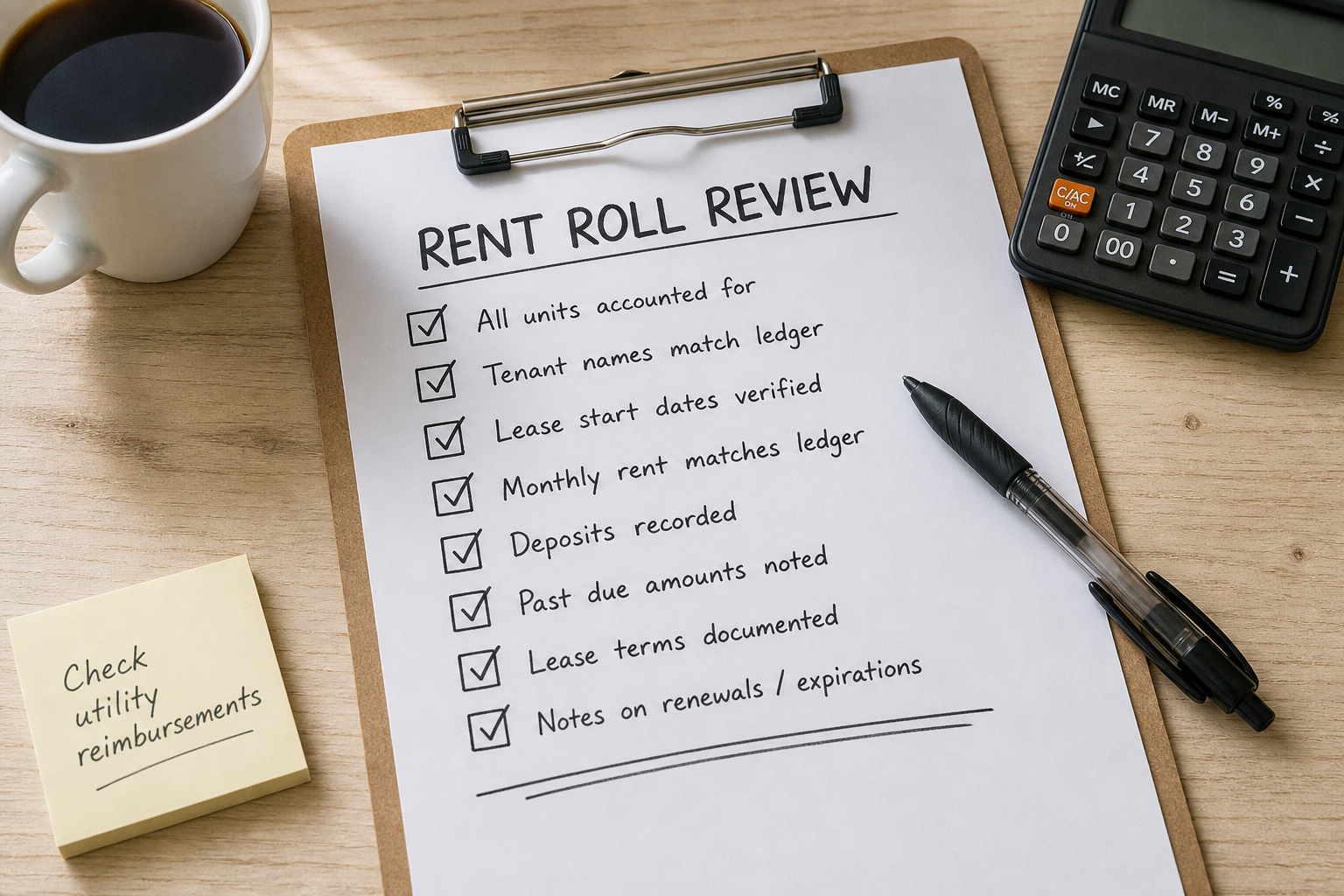 overhead shot of a checklist on paper titled rent roll review, boxes checked with pen, calculator and coffee cup nearby, soft natural lighting