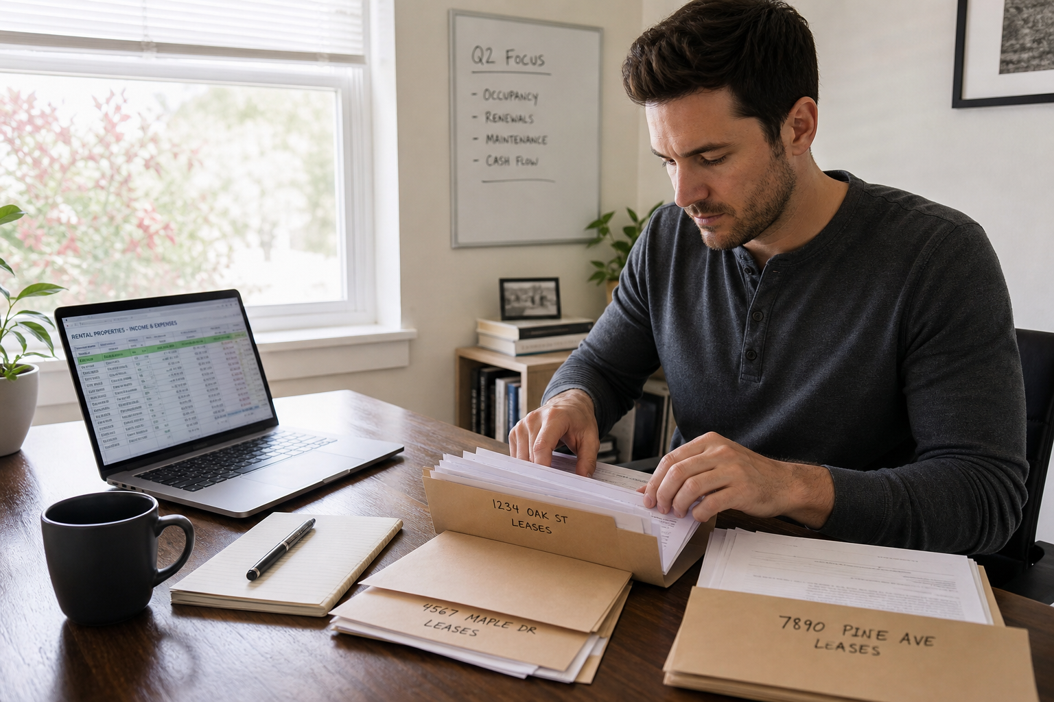 property owner organizing lease documents into folders on a desk, laptop open with spreadsheet, daylight through window, clean workspace aesthetic